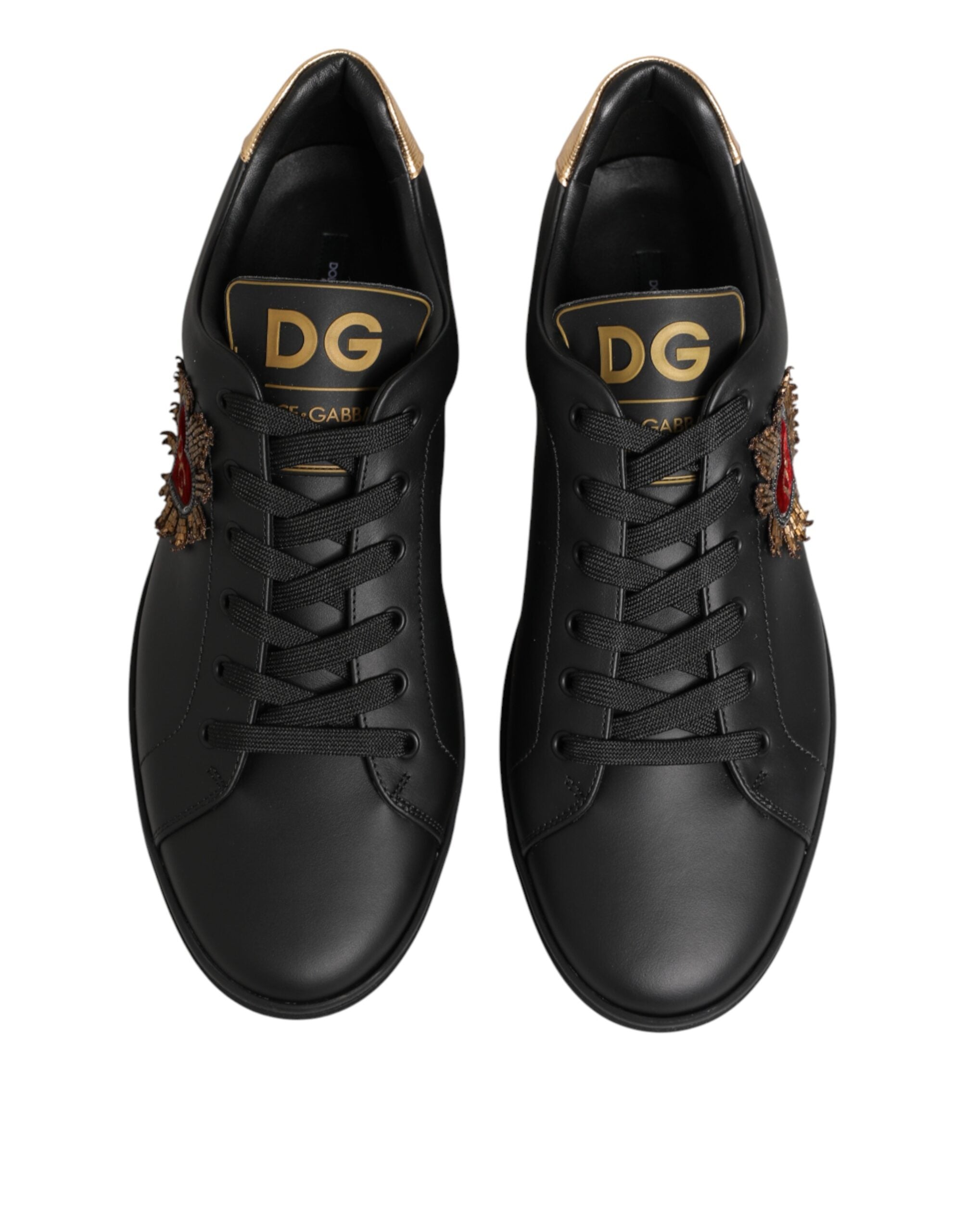Dolce & Gabbana Black Leather Heart Embellished Sneakers Shoes
