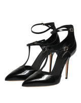 Dolce & Gabbana Black Leather T-STRAPS Heels Sandals Shoes