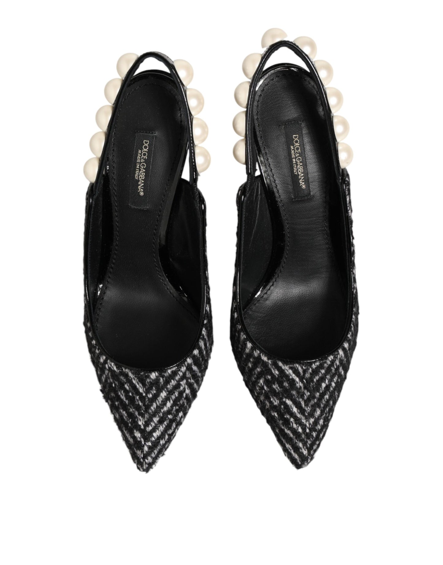 Dolce & Gabbana White Black Chevron Faux Pearl Slingbacks Shoes
