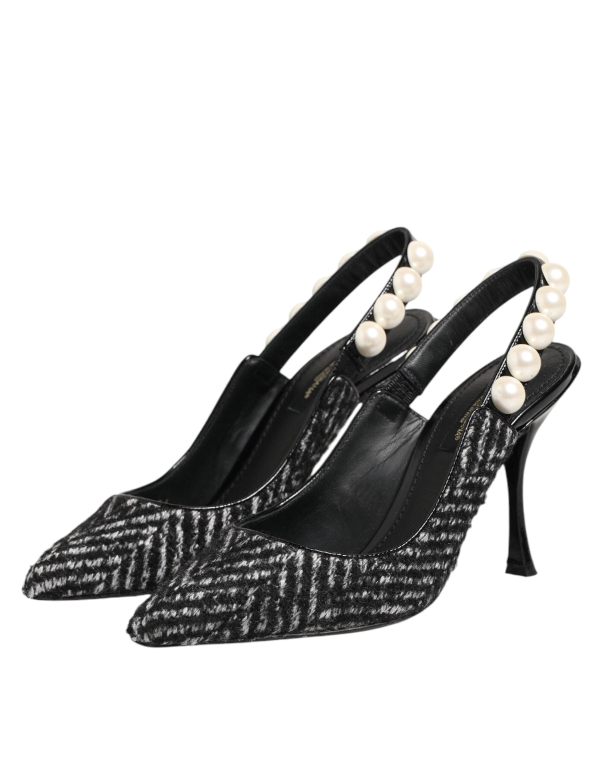Dolce & Gabbana White Black Chevron Faux Pearl Slingbacks Shoes