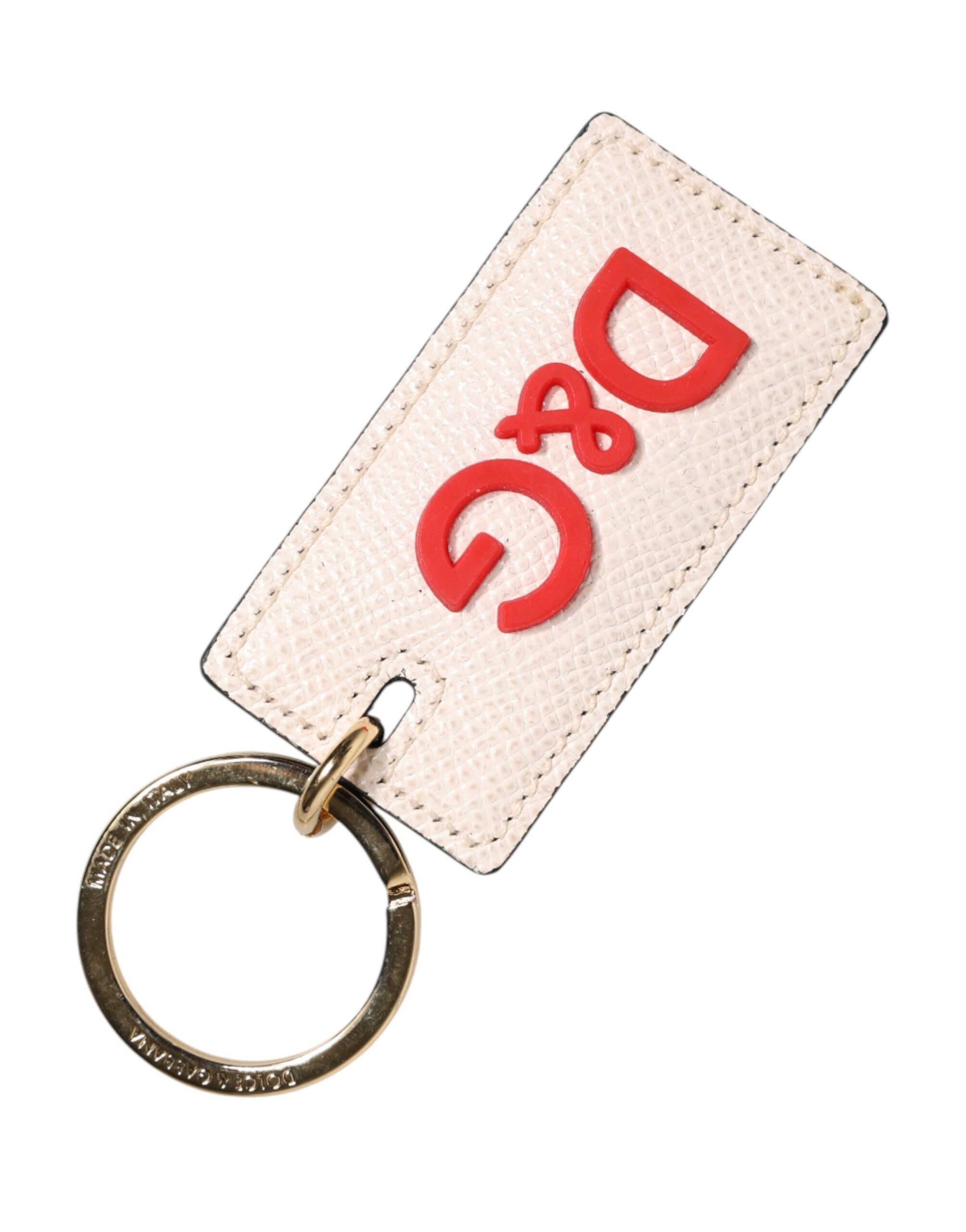 Dolce & Gabbana White Calf Leather D&G Logo Metal Ring Keychain Keyring