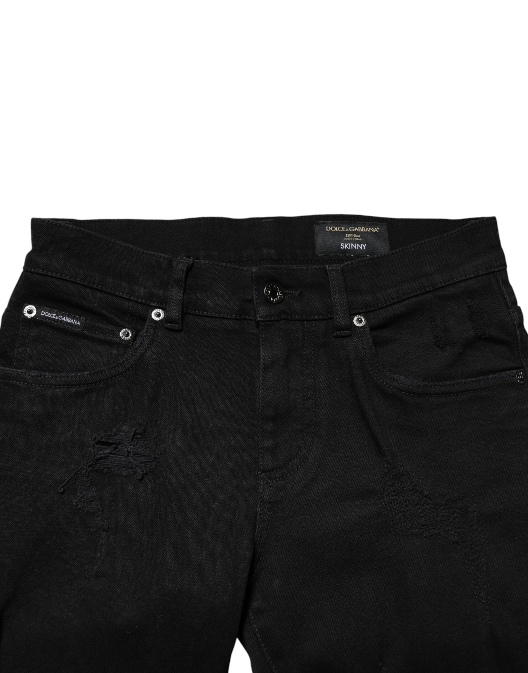 Dolce & Gabbana Black Tattered Cotton Men Skinny Denim Jeans