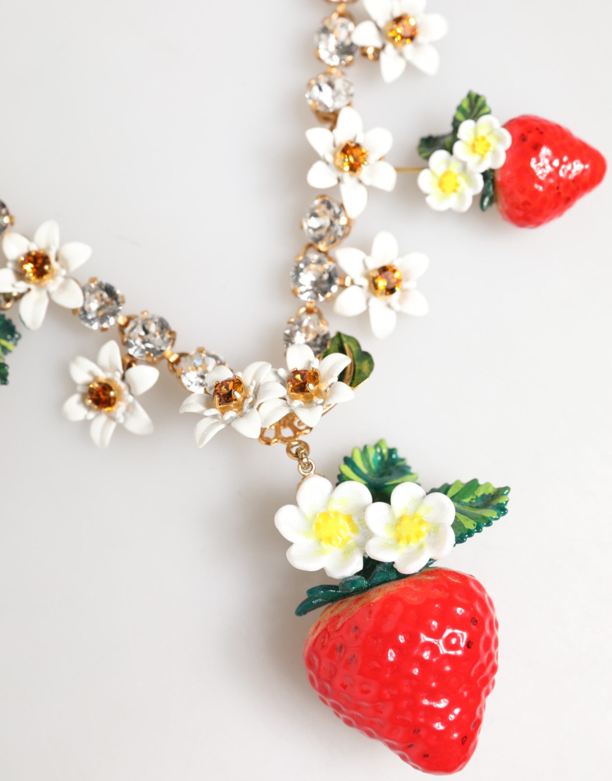 Dolce & Gabbana Gold Brass FRUIT Pendants Flowers Crystal Logo Necklace