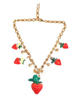 Dolce & Gabbana Gold Brass FRUIT Pendants Flowers Crystal Logo Necklace