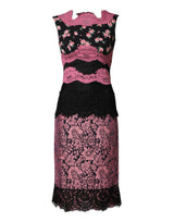 Dolce & Gabbana Black Pink Floral Lace Silk Sheath Dress