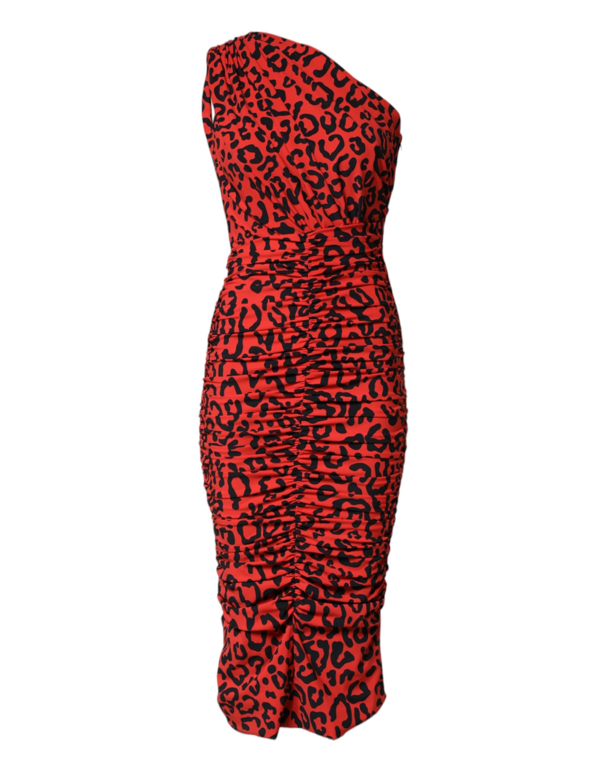 Dolce & Gabbana Red Leopard Print Nylon Sheath Midi Dress