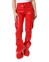 Dolce & Gabbana Red Glossy Polyester Cargo Boot Cut Pants