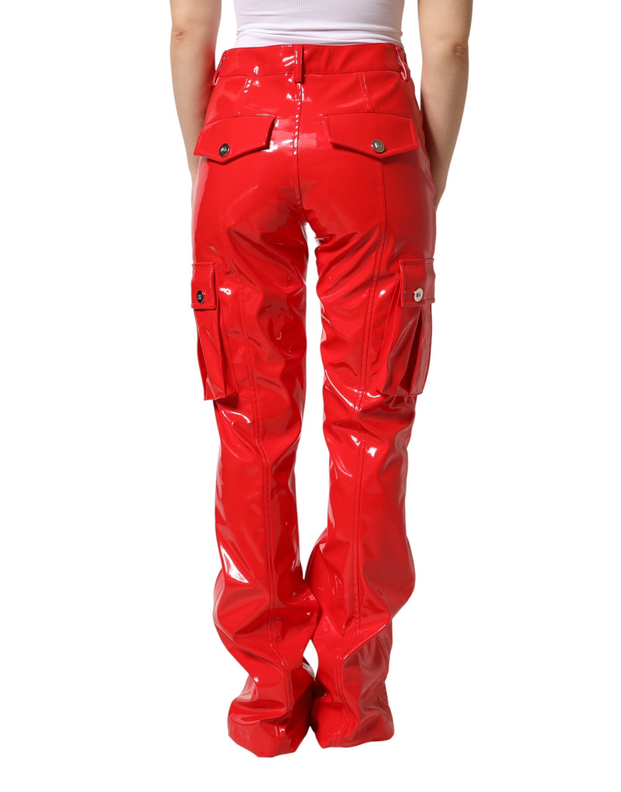 Dolce & Gabbana Red Glossy Polyester Cargo Boot Cut Pants
